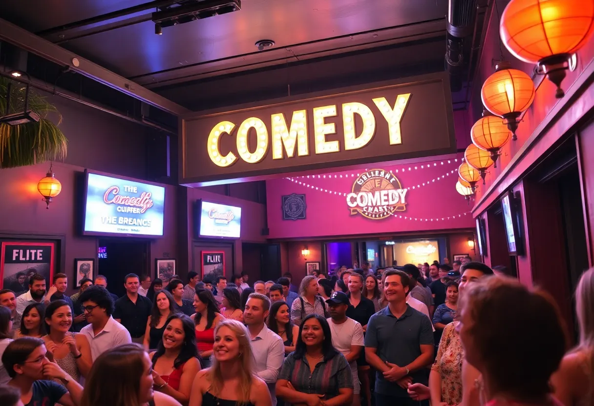 Celebration inside the Laugh Factory for its 45th anniversary with crowds and comedy performances.