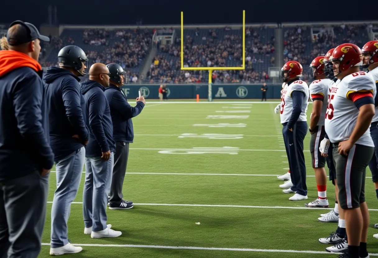 Coaching staff on a football field illustrating teamwork and strategy.