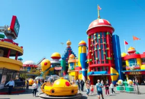 A colorful rendering of the Lego Galaxy theme park with futuristic rides and families enjoying the attractions.