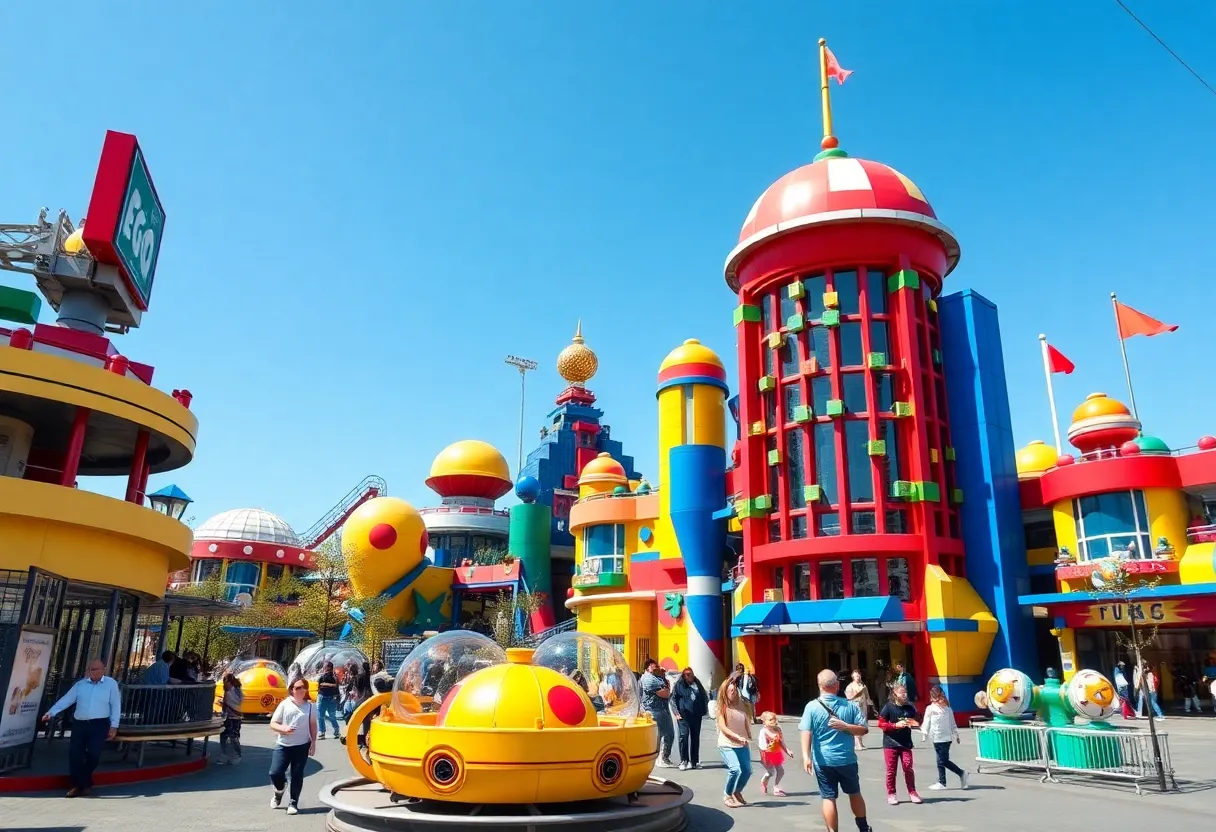 A colorful rendering of the Lego Galaxy theme park with futuristic rides and families enjoying the attractions.