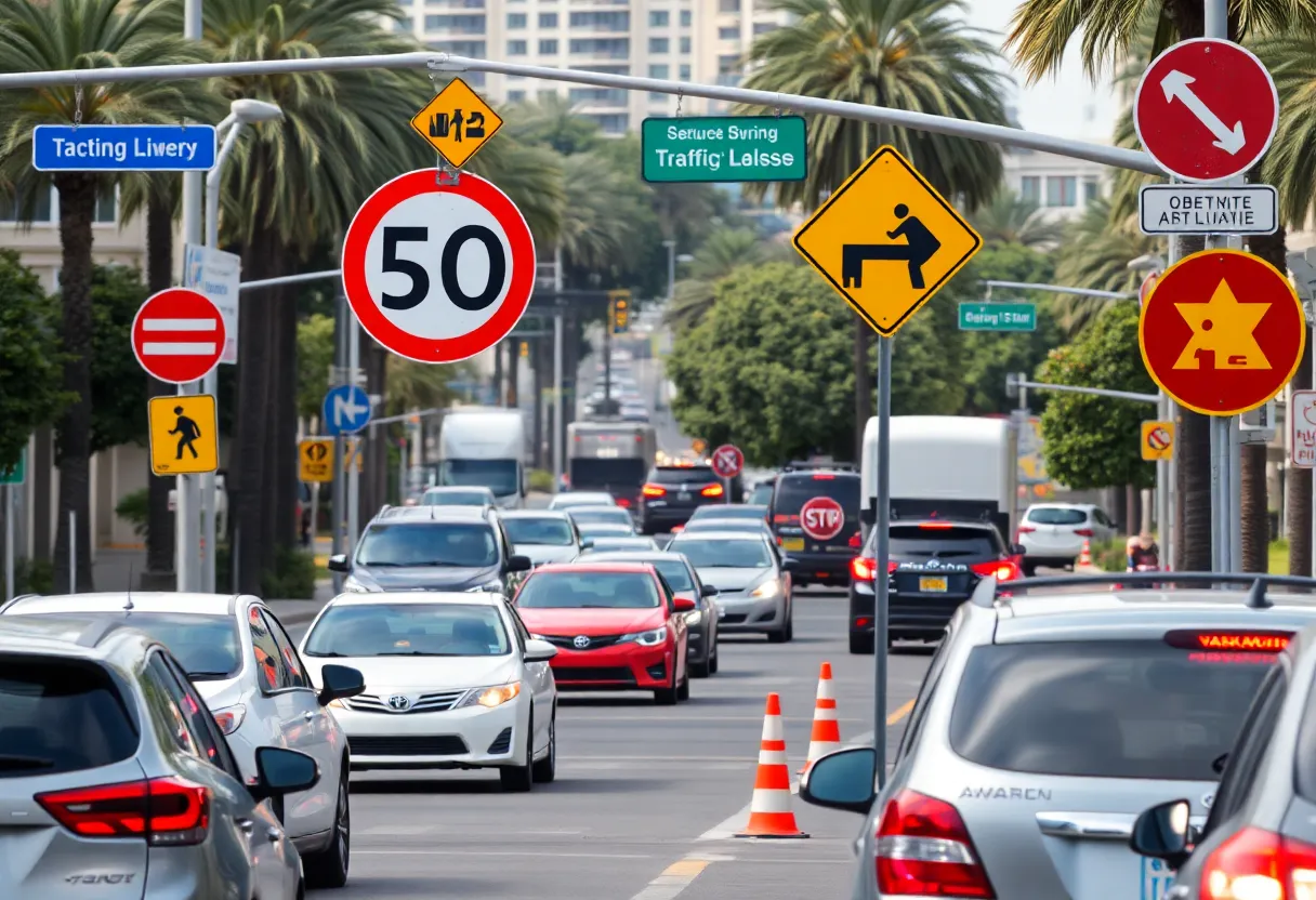 Traffic safety signage on a street in San Diego