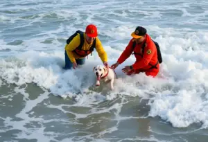 Lifeguards rescuing a dog swept out to sea