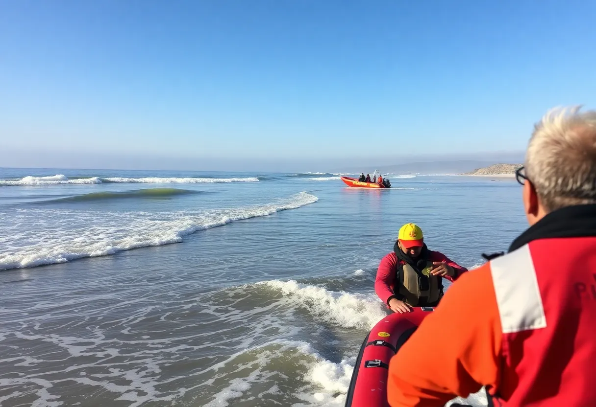Lifeguards on a rescue boat searching for a dog swept out to sea.