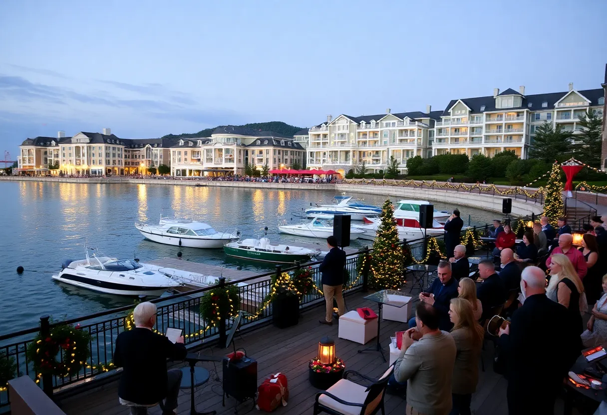 An outdoor concert at Catamaran Resort showcasing live music against a beautiful waterfront backdrop.