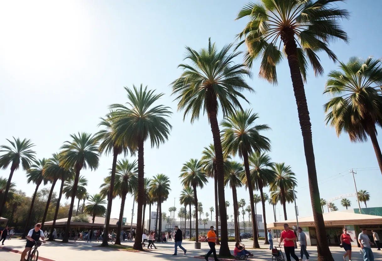 People enjoying a warm December day in Los Angeles with palm trees in the background.
