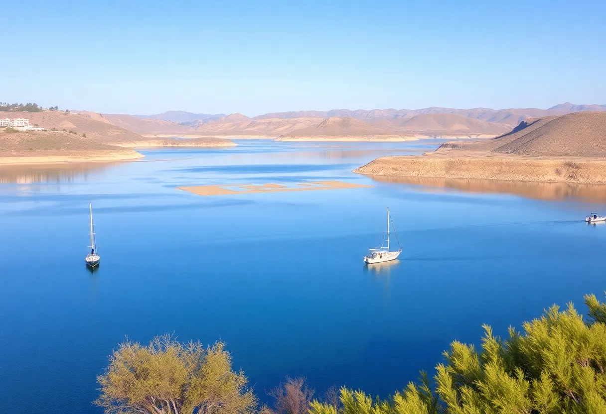 Low water levels at Loveland Reservoir with fishing boats