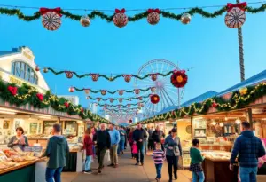 Scene from the Makers Arcade Holiday Fair showcasing local artisans and festive decorations.