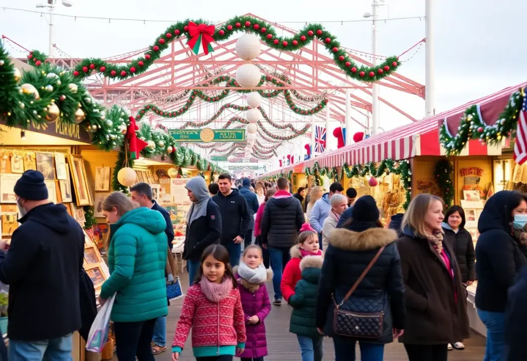 Families shopping at the Makers Arcade Holiday Fair at Broadway Pier.