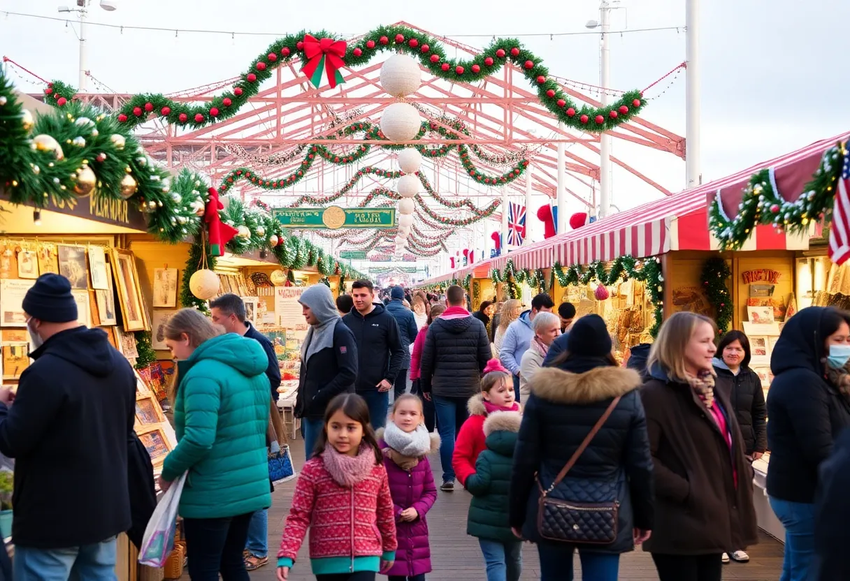 Families shopping at the Makers Arcade Holiday Fair at Broadway Pier.
