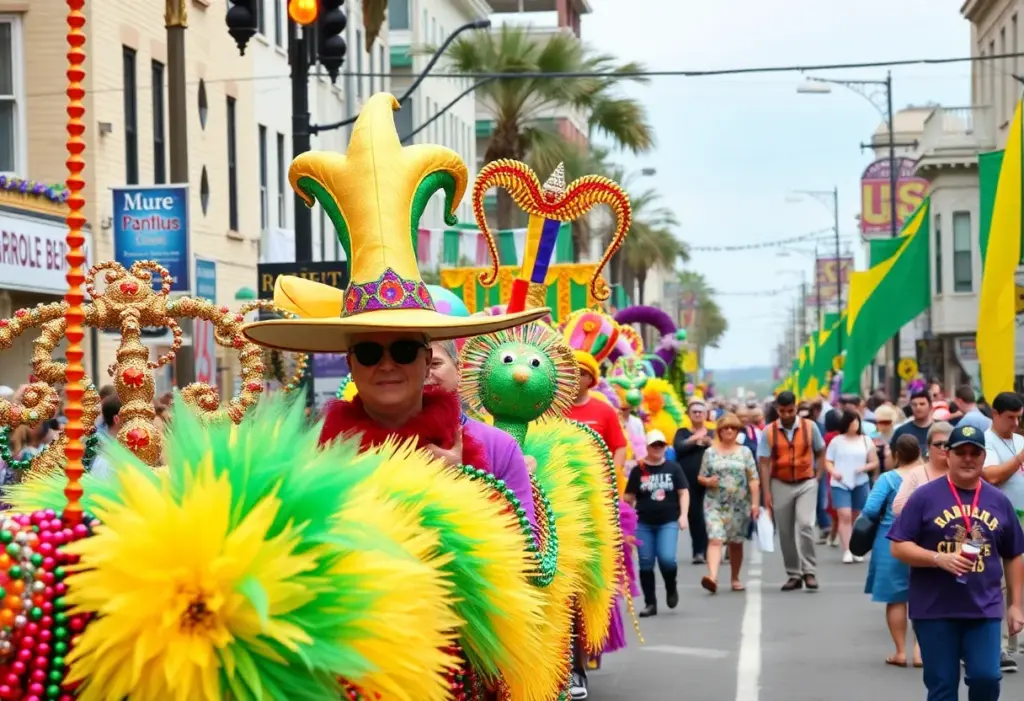 Colorful floats and revelers in Mardi Gras celebration