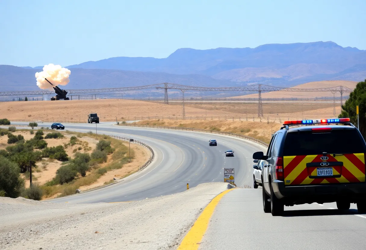 View of a military live-fire exercise at Camp Pendleton with shrapnel striking a CHP vehicle.