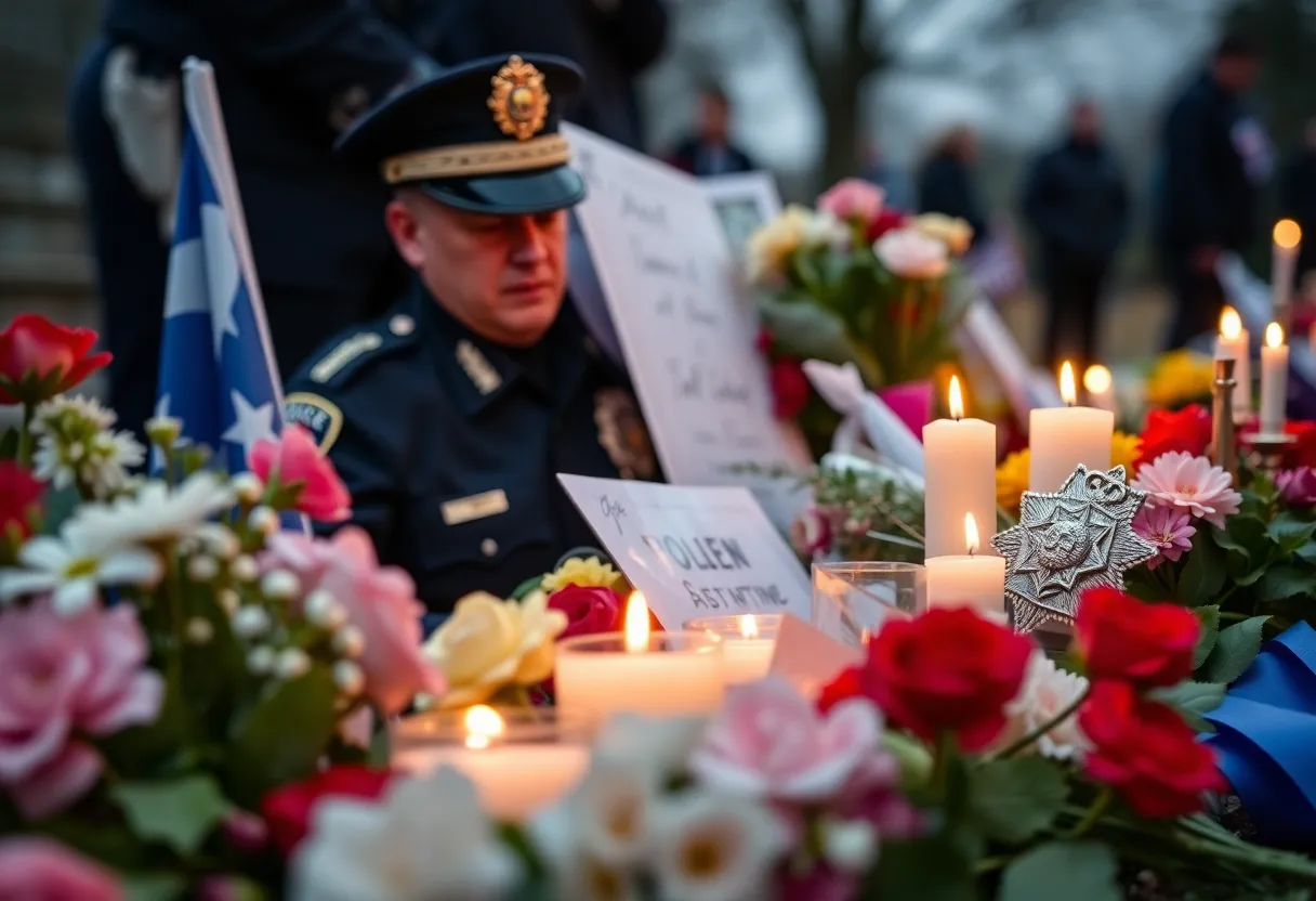 Memorial for an officer with flowers and candles