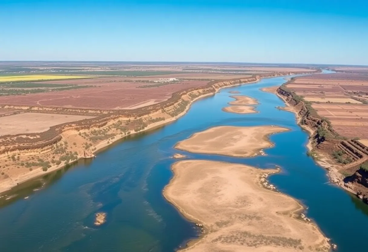 Dry landscape of Rio Grande River with agricultural fields