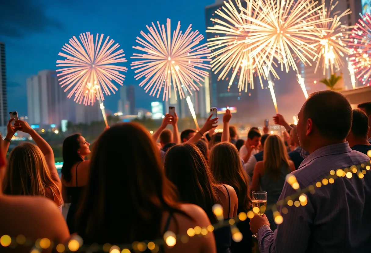 People celebrating New Year's Eve in Miami with fireworks and cityscape