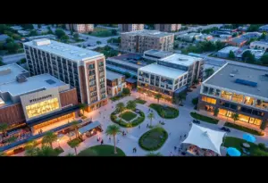 A digital rendering of the Midway Rising Project in San Diego, featuring homes and parks.