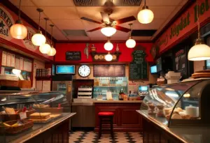 Interior of Milton's Delicatessen with traditional decor and menu items.