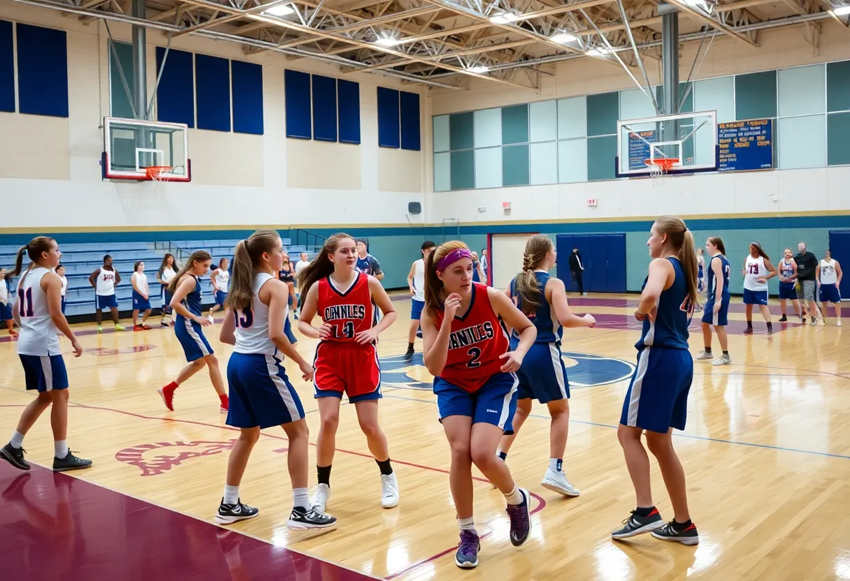 Girls' basketball teams from Mission Hills and Francis Parker competing in a match