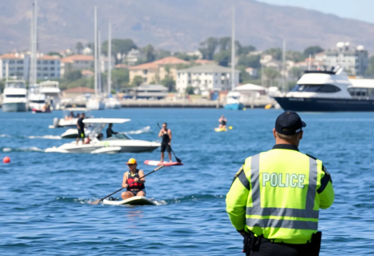 Law enforcement overseeing watercraft activities in Mission Bay, San Diego.