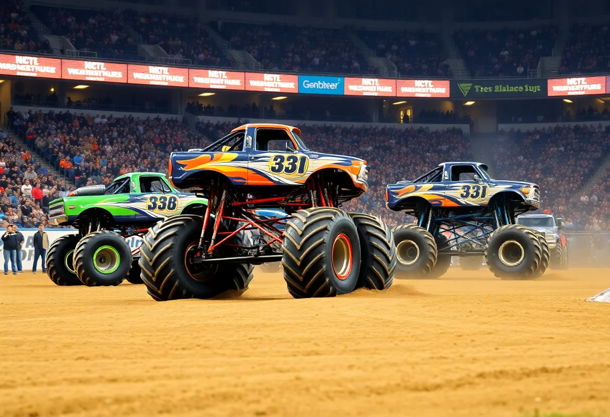 Monster Jam trucks racing in San Diego stadium