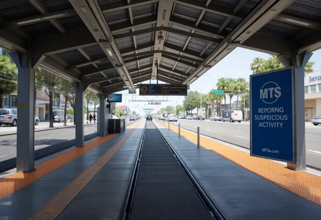An empty MTS trolley station highlighting public safety.