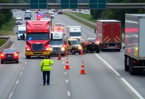 Scene of a multi-vehicle collision on State Route 805 with a big rig and emergency response units.