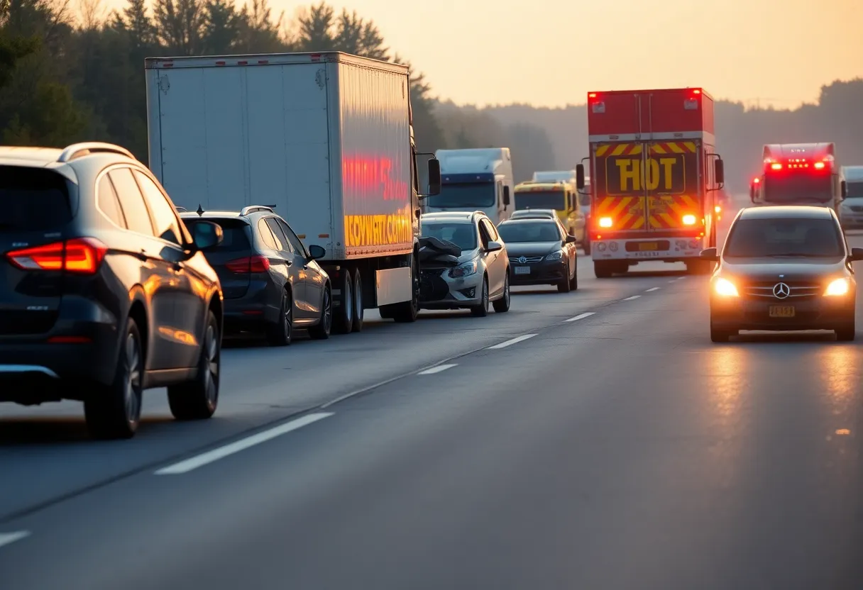 Scene of a multi-vehicle crash on I-805 with emergency vehicles present.