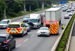 Scene of a multi-vehicle crash on I-805 in San Diego with emergency responders