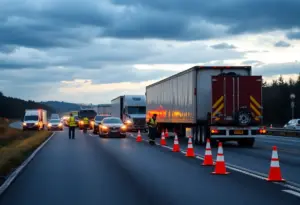 Scene of a multi-vehicle crash on a busy highway.