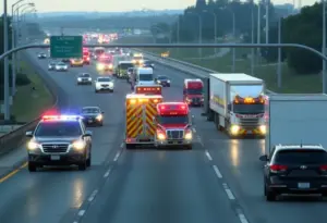A view of the multi-vehicle crash scene on I-805 with emergency responders.