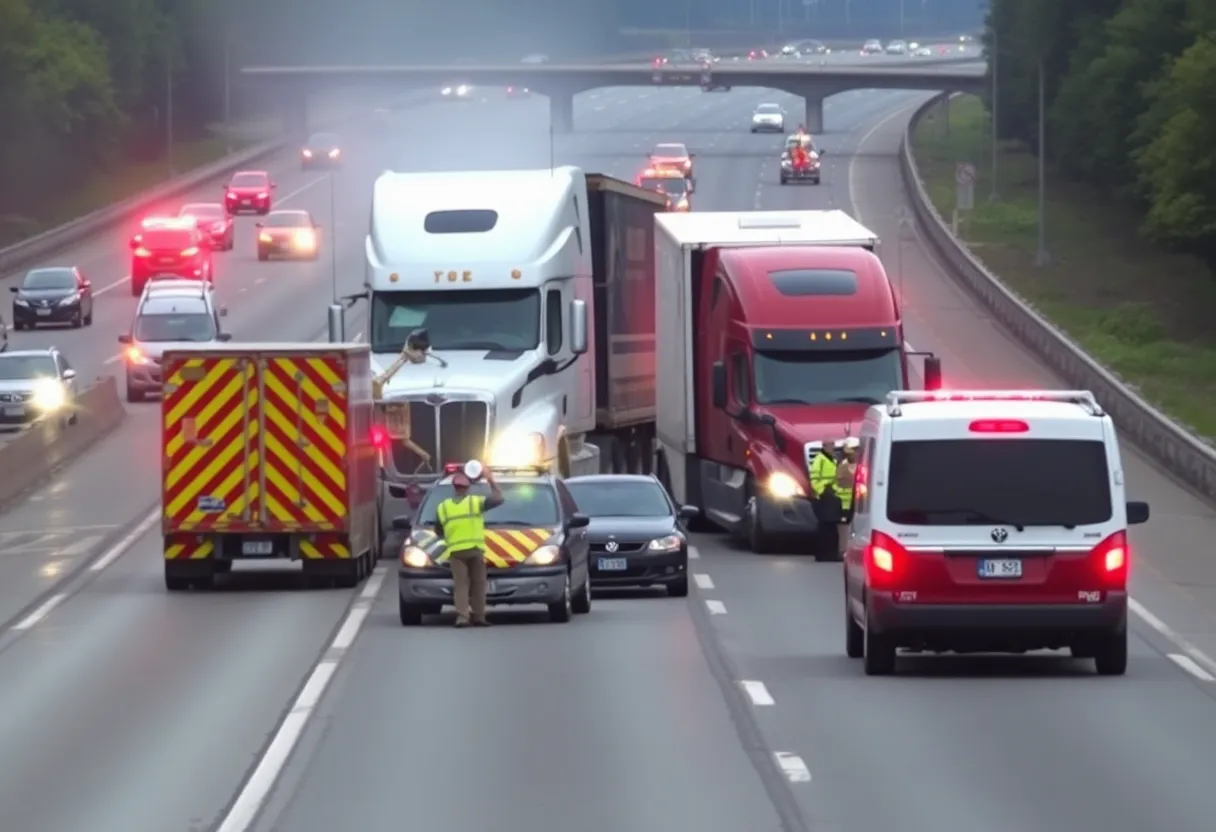 Emergency responders at the site of a multi-vehicle crash involving a big rig on State Route 805.