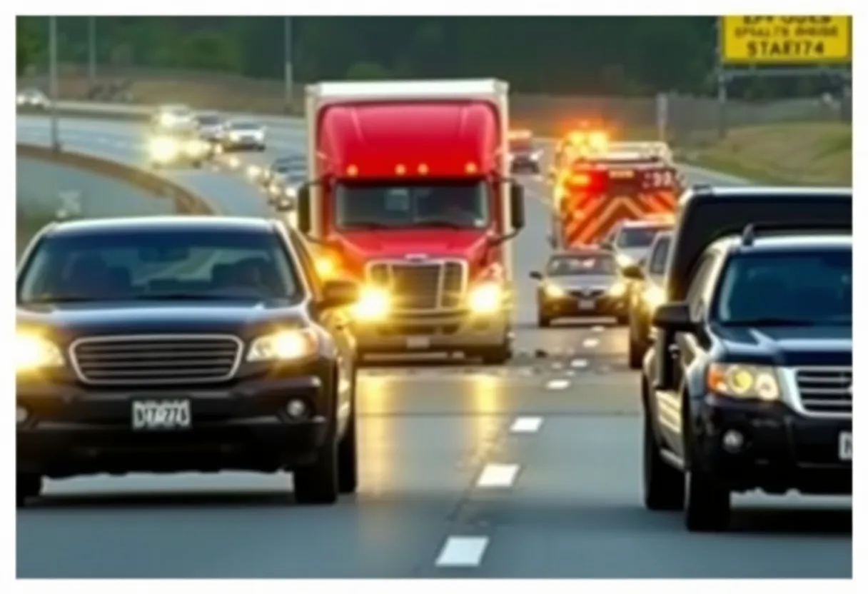 Emergency responders at the scene of a multi-vehicle crash on State Route 805 with a big rig involved