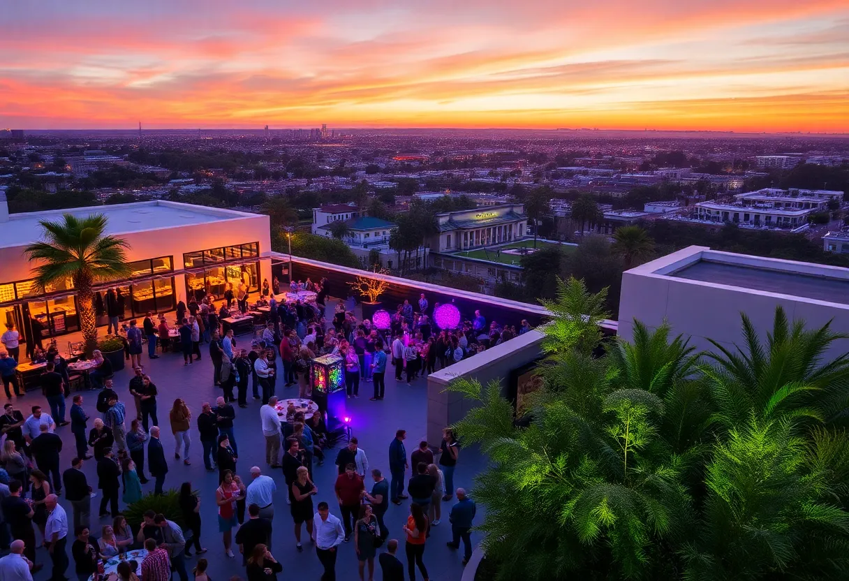 Crowd enjoying the Nat at Night rooftop event at San Diego Natural History Museum