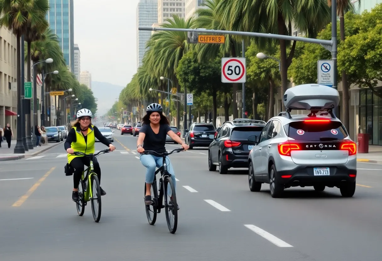 California street showcasing e-bike riders, school zone speed signs, and autonomous vehicles.