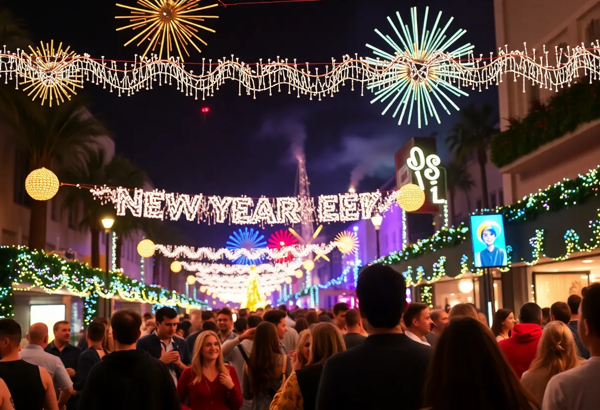Crowd celebrating New Year's Eve in San Diego with lights and decorations
