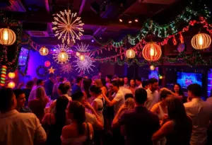 Crowd enjoying New Year's Eve celebration at Urban MO's