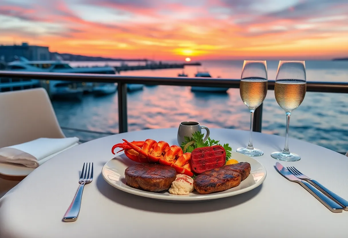 Surf and turf dinner with lobster and steak at Sally's Waterfront Dining