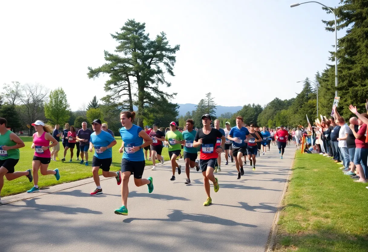 Participants of the New Year's ultramarathon in San Jose running along the path at Hellyer Park.