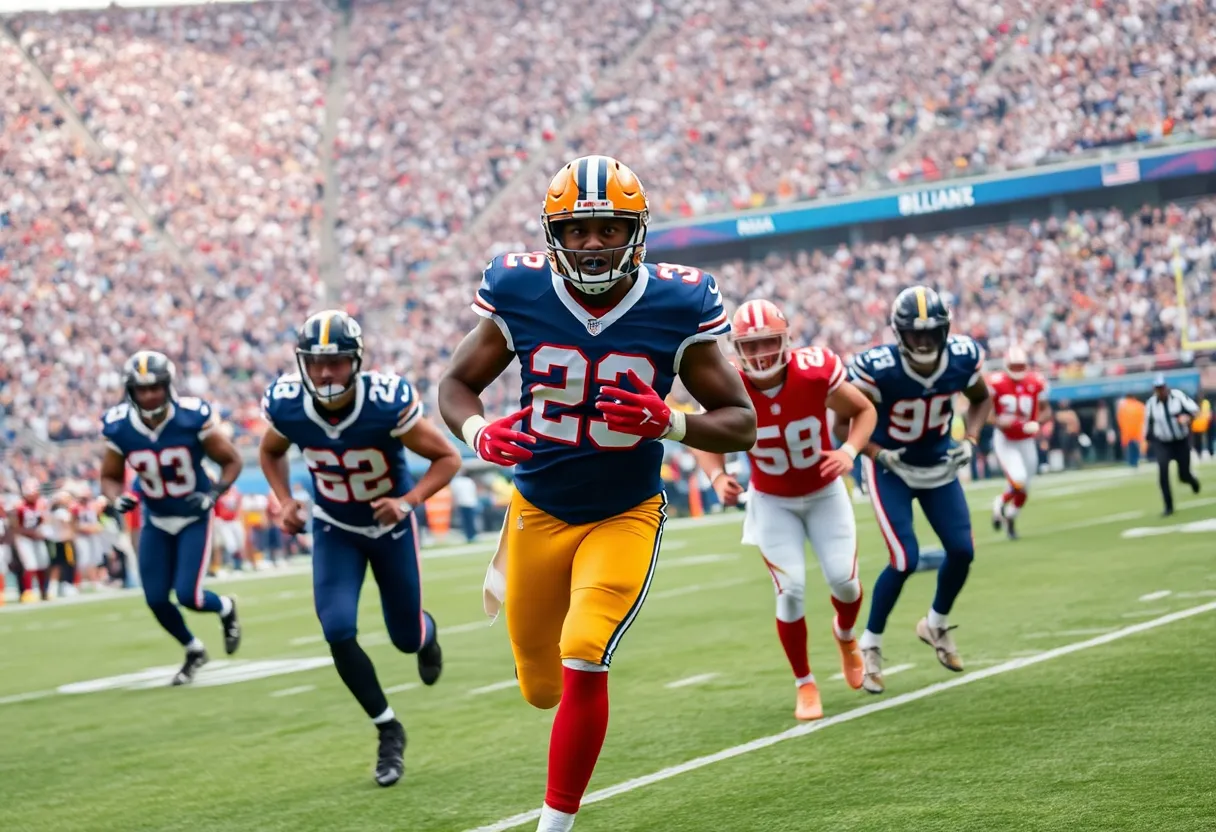 NFL players in action during a game with a cheering crowd.