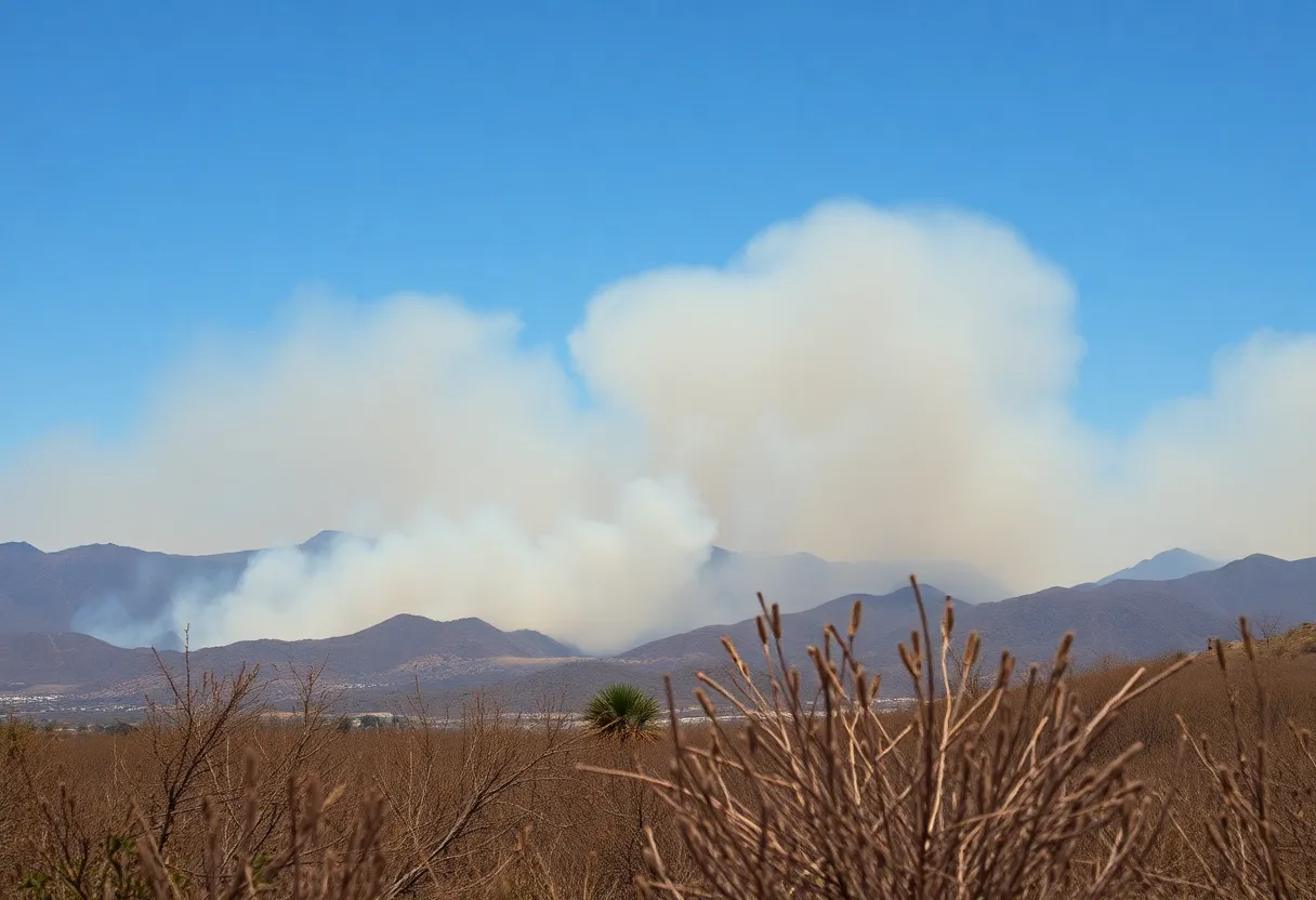 Scene depicting the Oaks Fire in San Diego County with smoke and dry vegetation