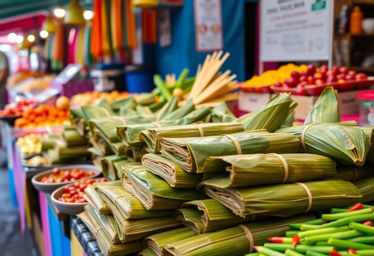 Traditional Oaxacan tamales displayed in a market setting.