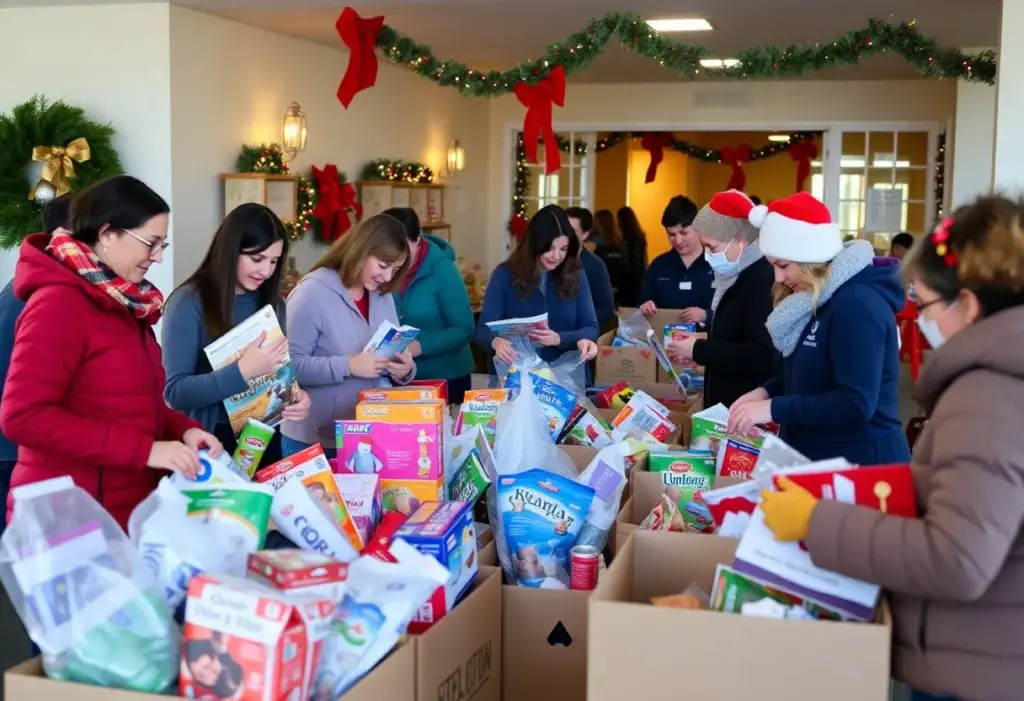 Volunteers sorting toys and food for the Ocean Beach Food and Toy Drive