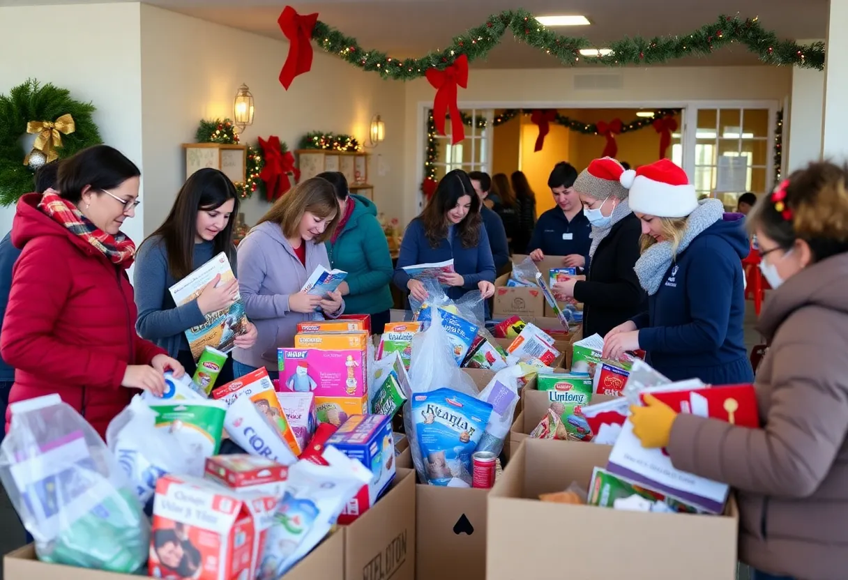 Volunteers sorting toys and food for the Ocean Beach Food and Toy Drive