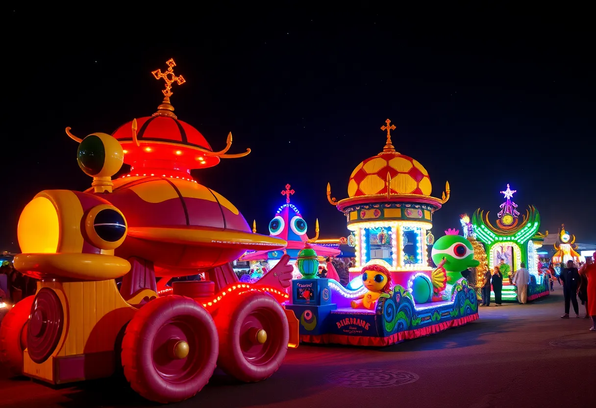 Colorful floats and spectators at the Ocean Beach Holiday Parade