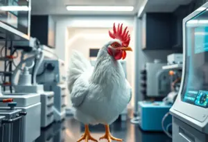 Transgenic chicken in biotechnology lab for antibody discovery.