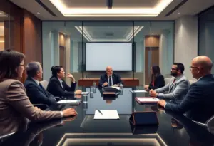 Business professionals discussing corporate governance at a meeting