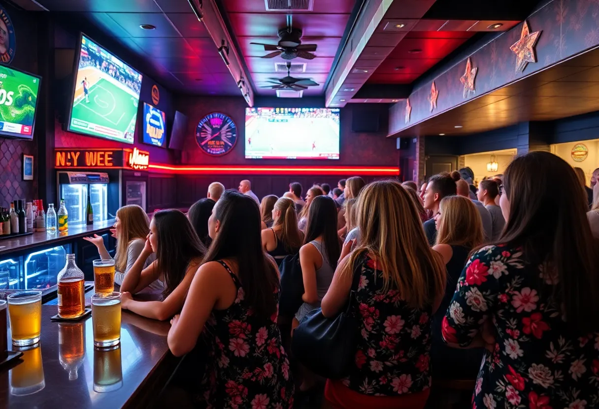 Interior of One of Us women's sports bar with fans enjoying a game.