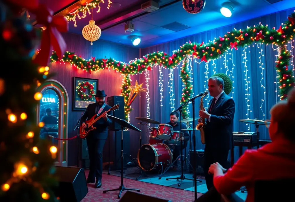 A lively 1960s-inspired holiday performance at Lou Lou's Jungle Room, with a jazz band and festive decorations.