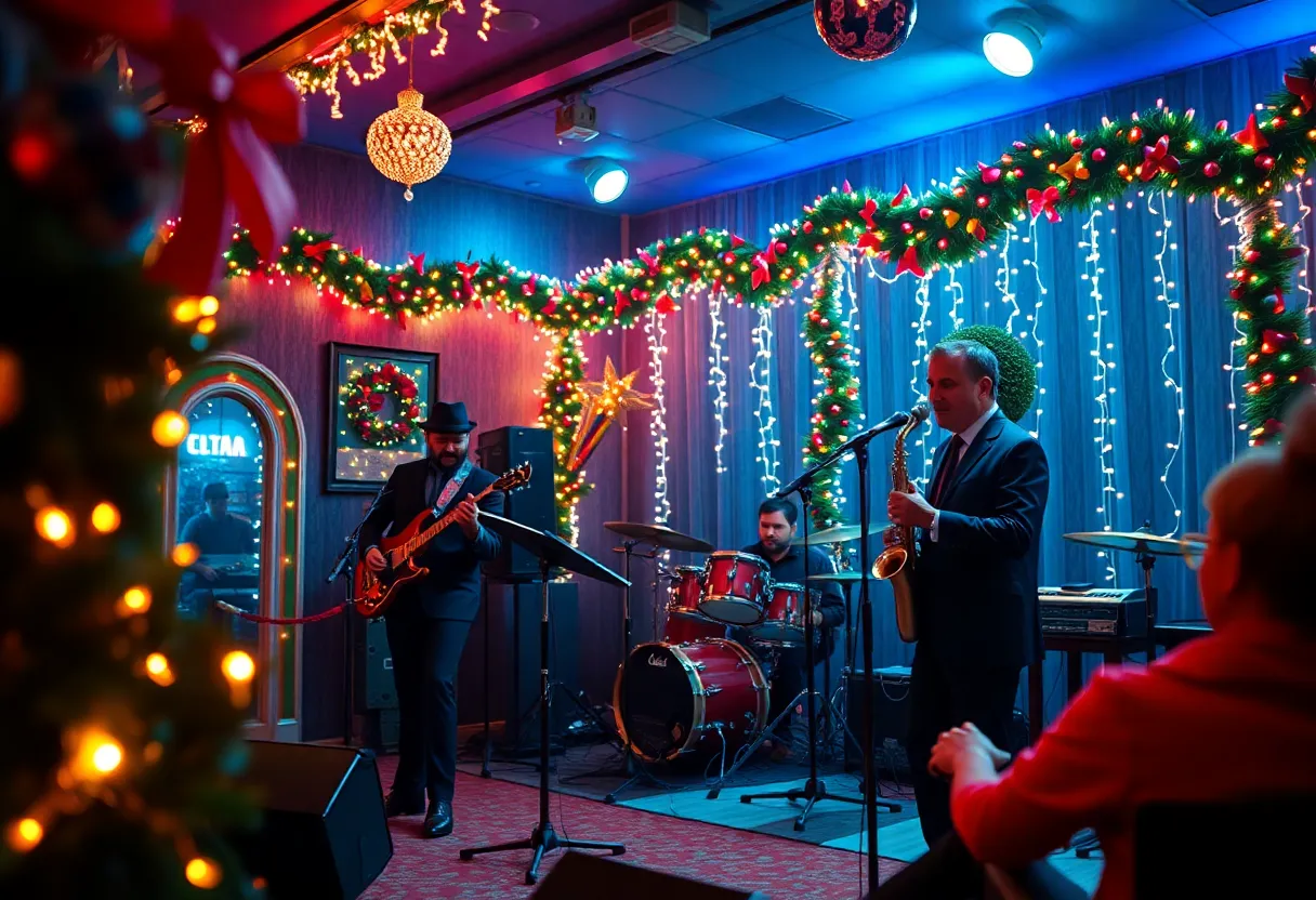 A lively 1960s-inspired holiday performance at Lou Lou's Jungle Room, with a jazz band and festive decorations.