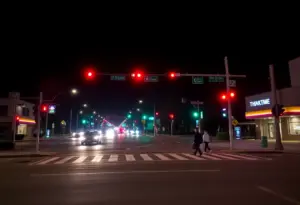 Night scene of the intersection of Thomas Avenue and Mission Boulevard in Pacific Beach showcasing traffic safety features.