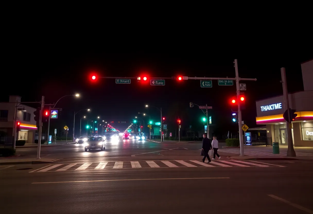 Night scene of the intersection of Thomas Avenue and Mission Boulevard in Pacific Beach showcasing traffic safety features.